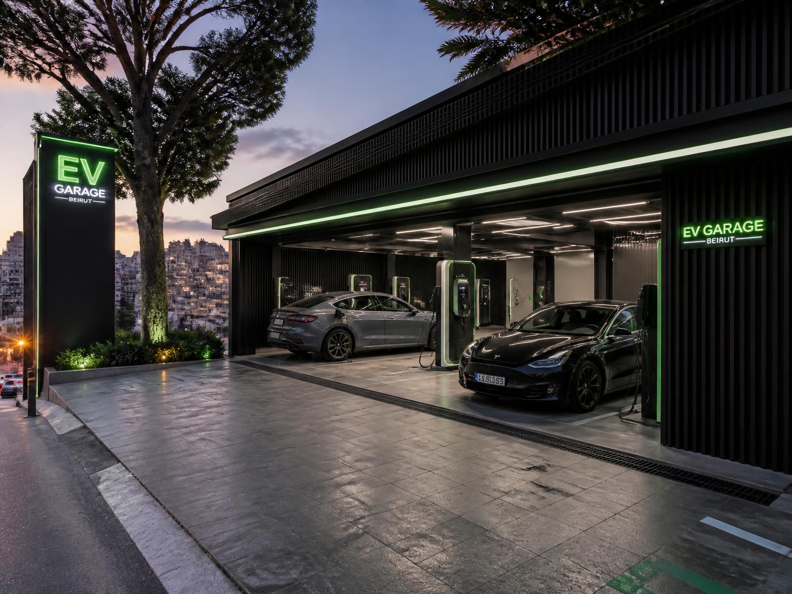 EV & Hybrid Garage workshop in Ras Beirut at dusk
